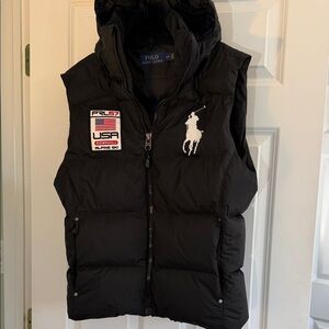 Ralph Lauren Black Puffer Vest with White Polo Logo & USA Patch